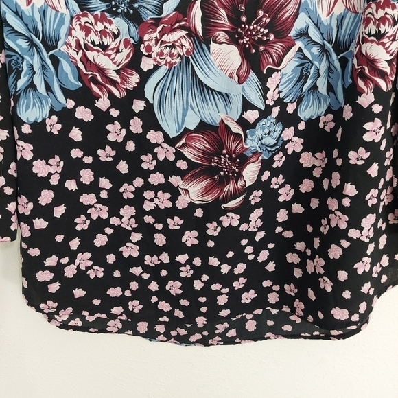 Gianni Bini Sz L Blouse Top Black Floral Colorful Deep V Neck Tunic Art to Wear - Picture 4 of 8
